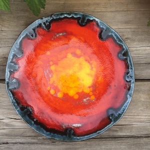 Large Orange multi coloured ceramic platter bowl - retro mid century design with black lava glaze detail