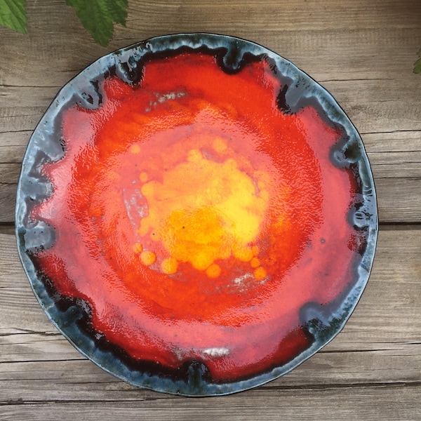 Large Orange multi coloured ceramic platter bowl - retro mid century design with black lava glaze detail