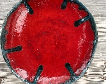 Red ceramic fruit platter bowl - bright colour retro mid century modern design with black lava glaze detail