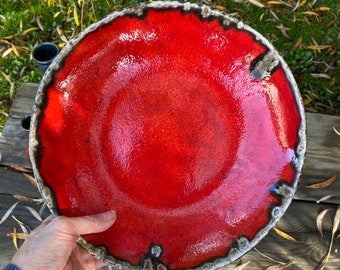 Red fruit bowl, ceramic decorative dish in bright glaze colours with lava glaze edge detailing, new home, wedding  gift