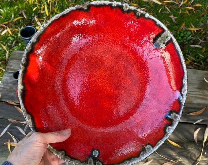 Handmade Red Ceramic Fruit Bowl: Lava Glaze Edge, Mid-Century Modern