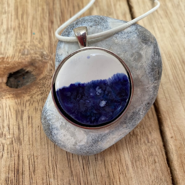 Blue ceramic round pendant necklace with coordinating cord tie - Silver plated