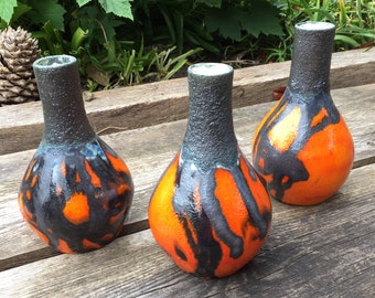 Retro orange design Ceramic vase: mid century glaze colours, lava glaze, handmade bulb shaped vase, gift delivery