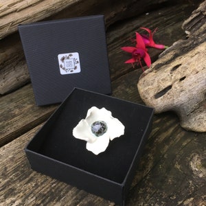 White poppy flower pin, handmade ceramic poppy brooch on long silver pin for wedding lapel, hat, scarf, dress jewellery or mom gift idea