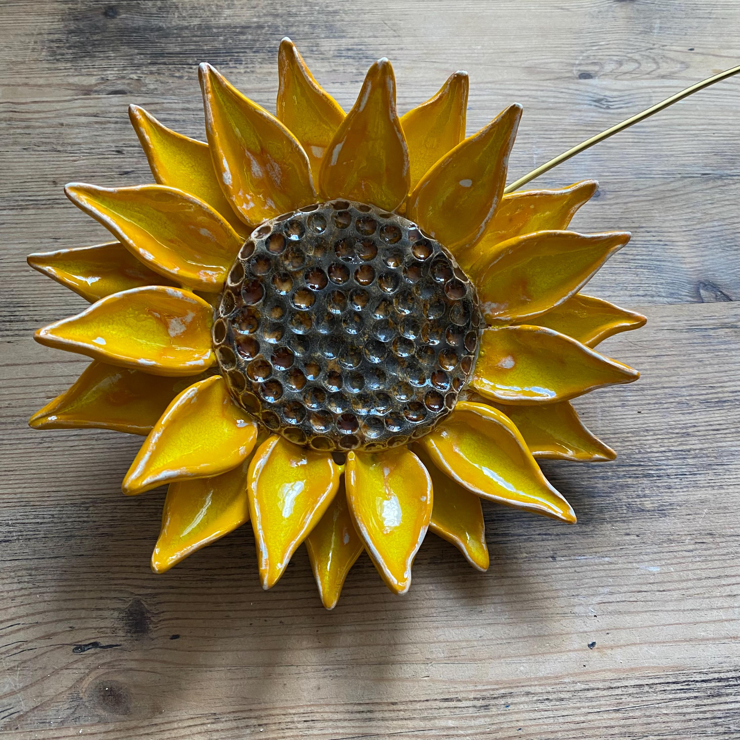 Handmade Ceramic Sunflower: Yellow Floral Sculpture on Wire Stem