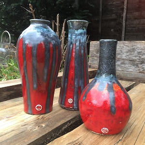 Red Ceramic vase, urn pot with black textured lava glaze feature