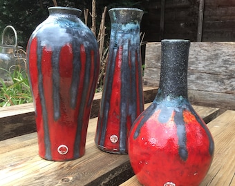 Red Ceramic vase, urn pot with black textured lava glaze feature