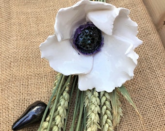 White poppy forever flower - for valentines, handcrafted ceramic flower + carved seed head/natural corn for floral arrangement/special gift