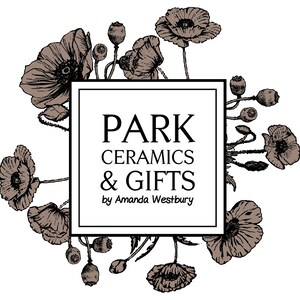 the logo for Park Ceramics and Gifts a handmade ceramic studio in the UK specialising in the creation of handmade ceramic flowers. The logo is in black and white. In the centre the logo has the name of the studio in black in a white square, this central square is surrounded by drawings of poppies and poppy seedheads positioned as if they are coming out of the square