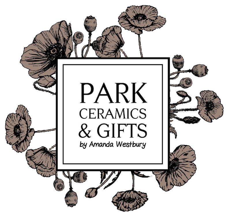 the logo for Park Ceramics and Gifts a handmade ceramic studio in the UK specialising in the creation of handmade ceramic flowers. The logo is in black and white. In the centre the logo has the name of the studio in black in a white square, this central square is surrounded by drawings of poppies and poppy seedheads positioned as if they are coming out of the square