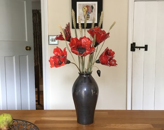 5 red ceramic poppies for perfect floral everlasting display, special anniversary or birthday gift with corn and poppy seedheads
