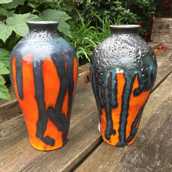 Black and Orange Ceramic vase, urn shaped with metallic textured lava pewter glaze