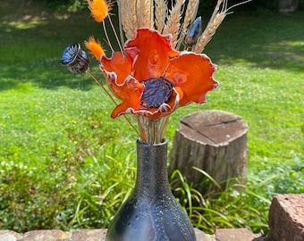 Poppy Flower + Vase gift - orange ceramic poppy arrangement for mothers day, birthday, anniversary, unique floral arrangement for a new home