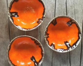 Orange ceramic bowl set- 3 small pottery dishes, perfect as a ring, trinket, jewellery, decorative, soap dish