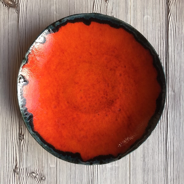 Handmade Orange large ceramic fruit bowl/platter - bright colour retro mid century modern, unique one off wonky pottery piece