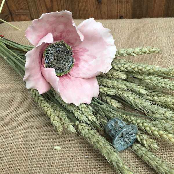 Pastel Pink poppy flower - handcrafted ceramic flower + carved seed head/natural corn for floral arrangement/special gift