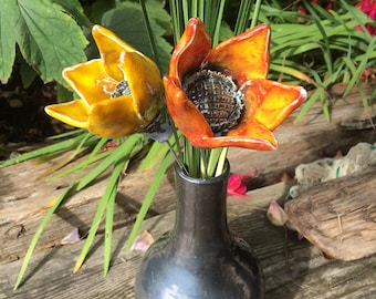 ceramic orange flower  - flower gift, garden decoration, garden sculpture, bridesmaid posy, stemmed Japanese anemone flower