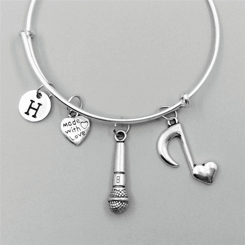 Microphone bangle initial bangle music note charm bangle charm bracelet microphone bracelet music note bracelet bff bangle note gift