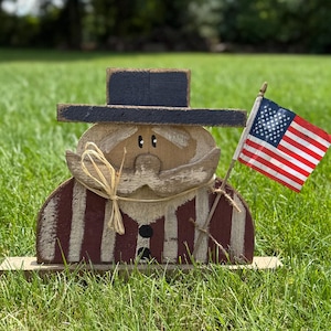 Handcrafted 16” Wood Uncle Sam Patriotic Decor- Rustic Americana 4th of July Decoration with Flag