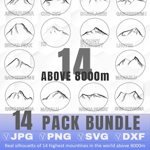 Bundle of 14 real silhouetts of worlds highest mountains all above 8000m (png, jpg, svg, dxf)