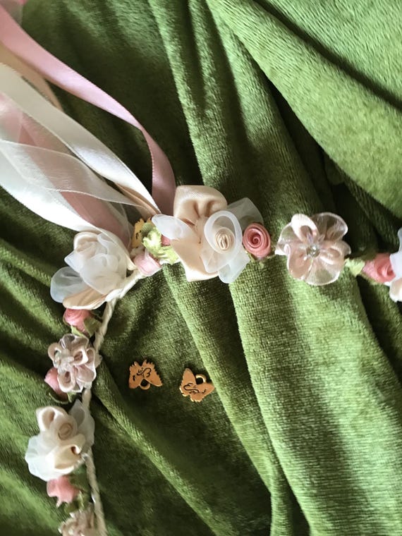 Antique Flower Headpiece with Organza Ribbon Buy Organza and Satin Flower Crown, Ecru, Ivory and Antique  main image 2
