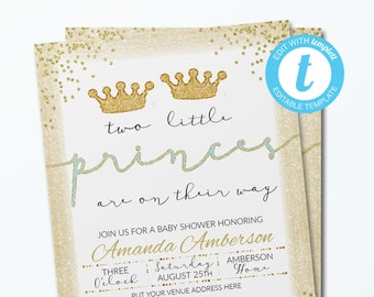 Twin Boy Baby Shower Invitation TEMPLATE - Templett Gold Prince Baby Shower Invitation - Digital File - 5x7 - Amanda Collection