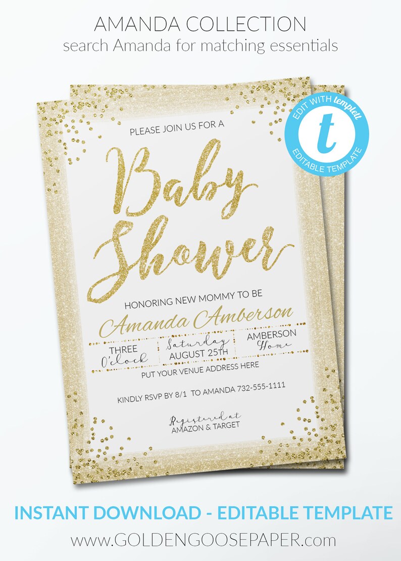 White and Gold Baby Shower Invitation TEMPLATE Templett Baby Etsy