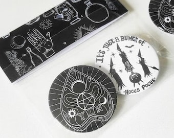 Halloween badges x2- set of black and white badges for halloween 45mm