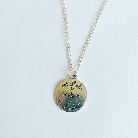 Not all who wander are lost gift secret santa traveller present lord of the rings book jewellery compass necklace