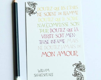 Carte postale colorée " Mon amour" W. Shakespeare