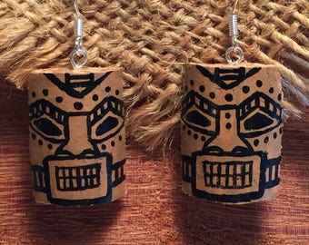 Hand painted Recycled Cork Tiki Earrings