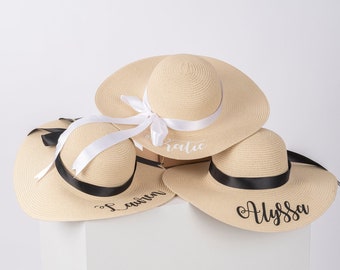 Chapeau de plage personnalisé, chapeau de demoiselle d'honneur de disquette de paille personnalisé, cadeau de mariée