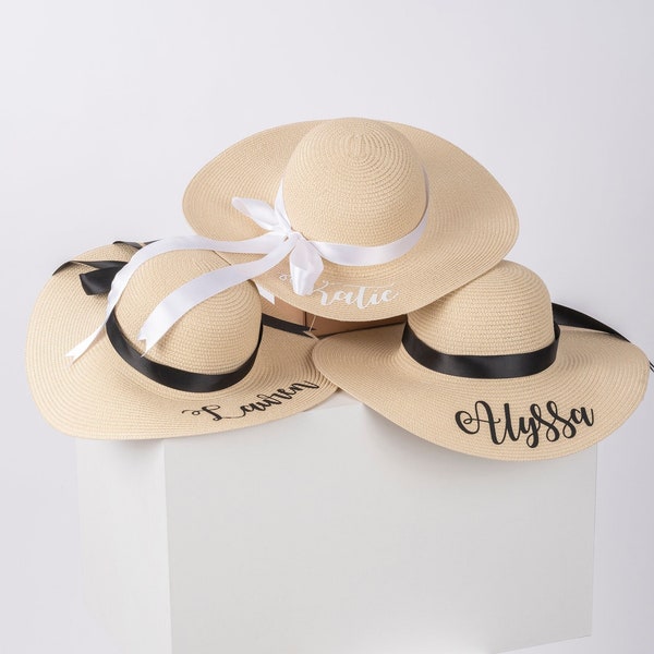 Chapeau de plage personnalisé, chapeau de demoiselle d'honneur de disquette de paille personnalisé, cadeau de mariée