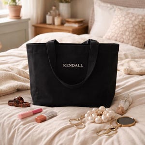Embroidered Black Cotton Canvas Tote Bag, Personalized Bridesmaid Gifts, Custom Bachelorette Party Gift