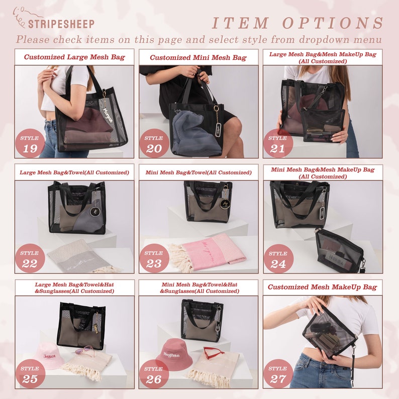 May include: Seven different styles of black mesh bags with various accessories, including towels, hats, and sunglasses. The bags are labeled with the words "Style" and a number from 19 to 27. The text "ITEM OPTIONS" is at the top of the image.