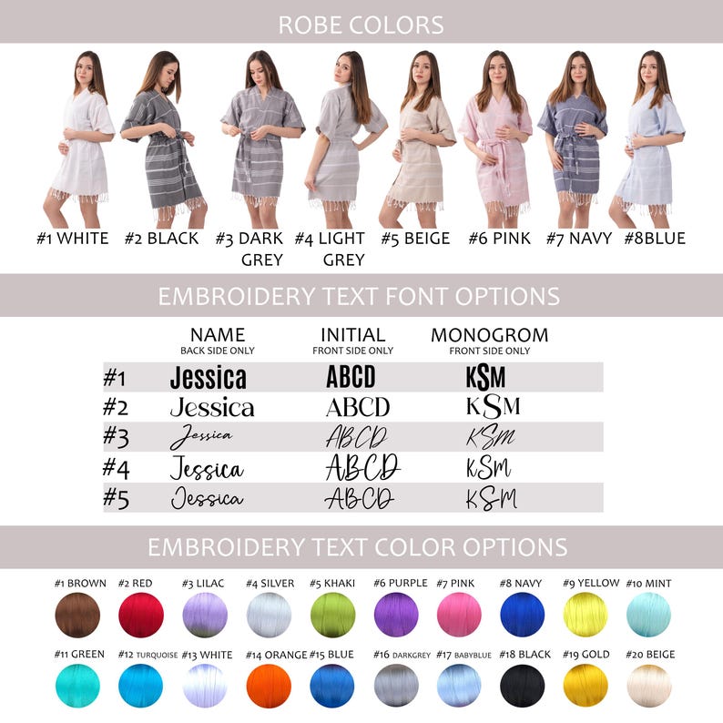 K&ouml;nnte beinhalten: Produktbild mit verschiedenen Bademantelfarben, Stickschriftoptionen und Sticktextfarboptionen. Die Bademantelfarben umfassen Wei&szlig;, Schwarz, Dunkelgrau, Hellgrau, Beige, Pink, Marine und Blau. Stickoptionen umfassen Name, Initialen und Monogramm.