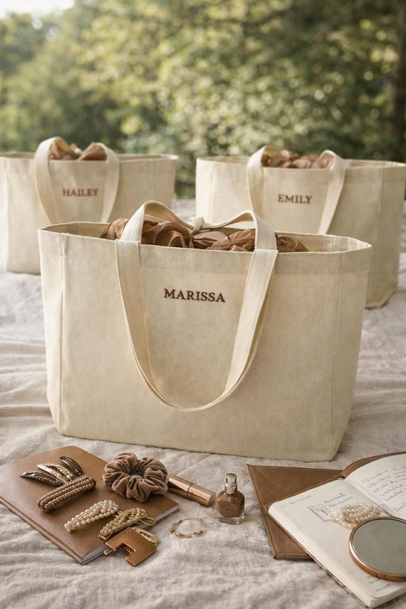 Personalized Embroidered Bridesmaid Tote Bag, Custom Name Canvas Tote, Wedding Weekend Bag, Bridal Party Gift