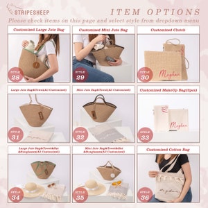 May include: A selection of six different styles of jute bags and cotton bags. The bags are all natural colored and have a variety of designs, including a large tote bag, a mini tote bag, a clutch, a makeup bag, and a cotton tote bag. The bags are all personalized with the name "Meghan".