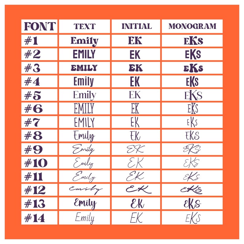 Op de afbeelding: Een tabel met verschillende lettertypen voor gepersonaliseerde tekst. De tabel bevat de woorden "FONT", "TEXT", "INITIAL" en "MONOGRAM". Elke rij toont een ander lettertype met de naam "Emily", initialen "EK" en een monogram "EKS".