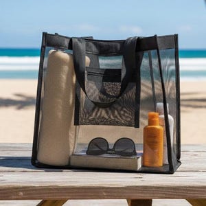 Black Mesh Tote Bag, Aesthetic Beach Bag, Bridesmaid Gift image 1