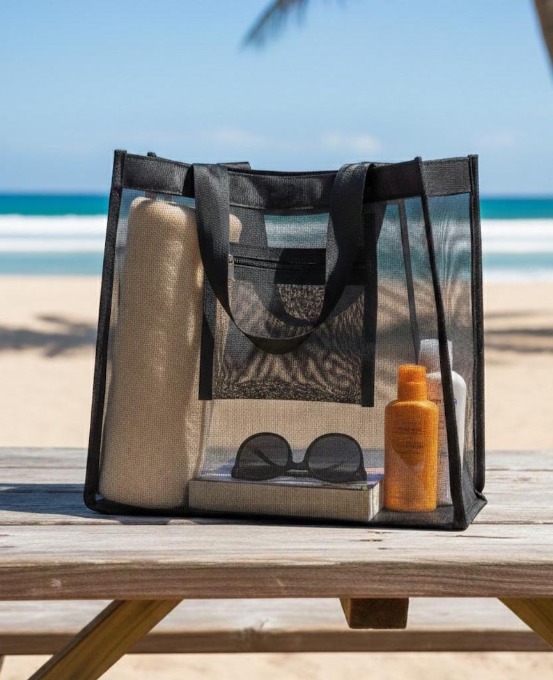 Black Mesh Tote Bag, Aesthetic Beach Bag, Bridesmaid Gift image 1