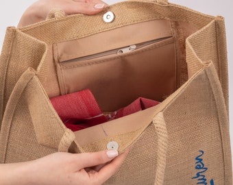 custom bridesmaid gift bag , boho bachelorette beach tote bag, burlap jute bag with zipper  pockets , soft handle