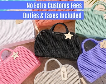 Borsa in gelatina personalizzata fatta a mano con targhetta con nome - Borsa da spiaggia personalizzata, ideale come regalo di compleanno, festa o per damigella d'onore per ragazze.