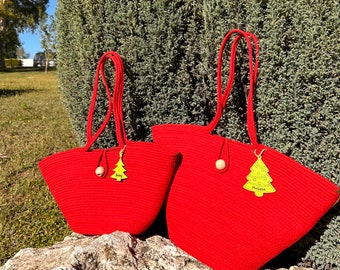 Sac à bandoulière personnalisé pour cadeau de Noël ou sac de demoiselle d'honneur personnalisé en corde pour un cadeau de jeune fille, sac en corde rouge