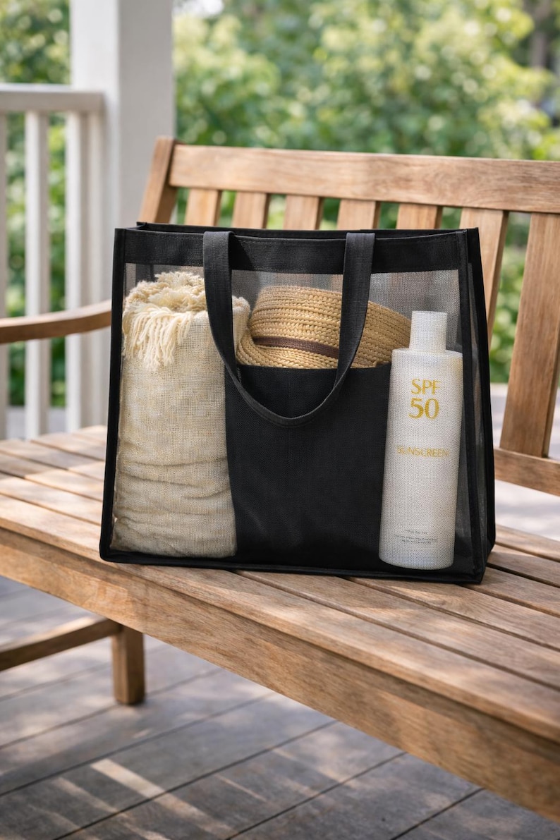 Black Mesh Tote Bag, Aesthetic Beach Bag, Bridesmaid Gift image 2