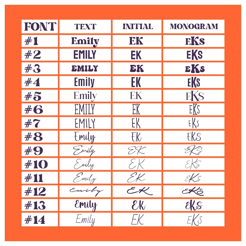May include: A font selection chart with an orange border displaying fourteen numbered rows. Each row features a unique typeface style applied to the word Emily, the initials EK, and the monogram EKS, presented in dark purple text on a white background.