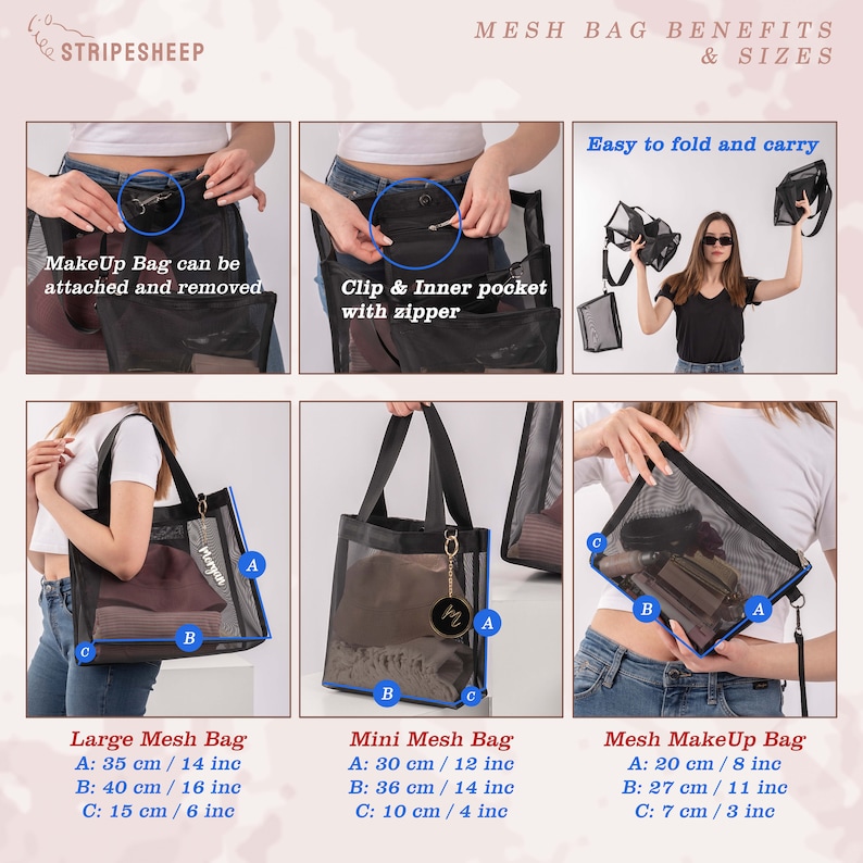 May include: Three mesh bags in different sizes. The large bag is 14 inches wide, 16 inches tall, and 6 inches deep. The mini bag is 12 inches wide, 14 inches tall, and 4 inches deep. The makeup bag is 8 inches wide, 11 inches tall, and 3 inches deep. All bags have a black mesh design and are made of durable material.