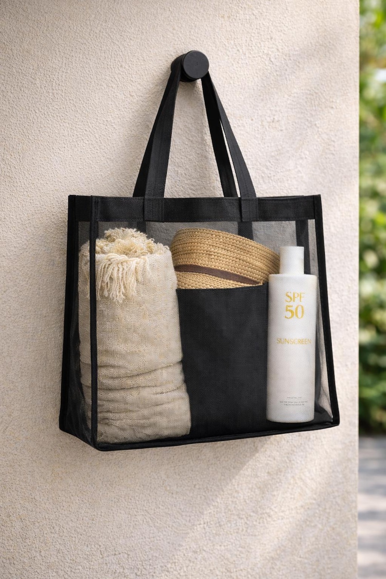 Black Mesh Tote Bag, Aesthetic Beach Bag, Bridesmaid Gift image 10