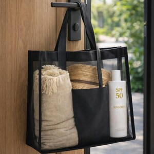 Black Mesh Tote Bag, Aesthetic Beach Bag, Bridesmaid Gift image 3