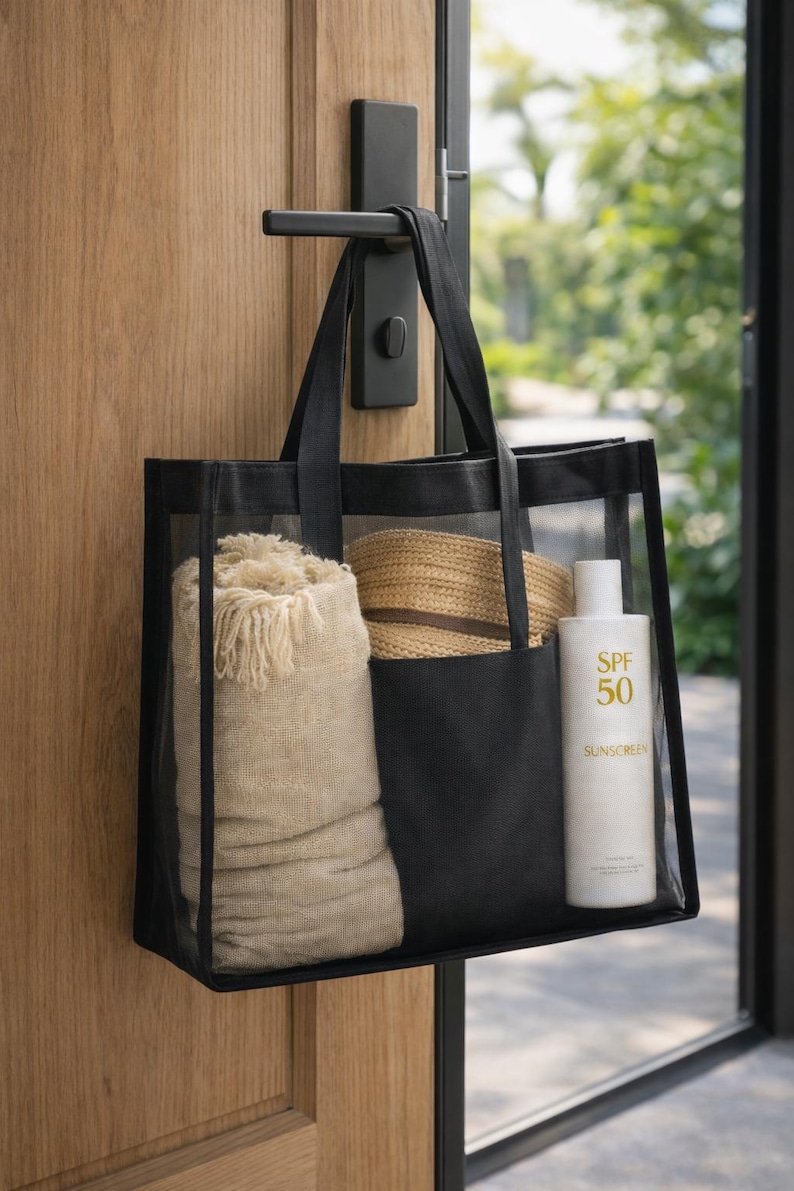Black Mesh Tote Bag, Aesthetic Beach Bag, Bridesmaid Gift image 3